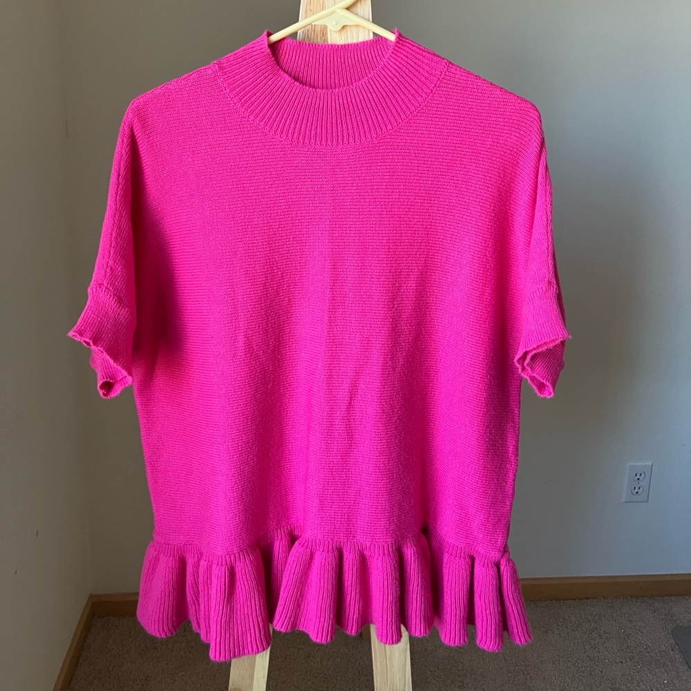 Elle Women’s Cowl Neck Sweater Hot Vibrant Pink Ruffle Knit Valentine’s Day